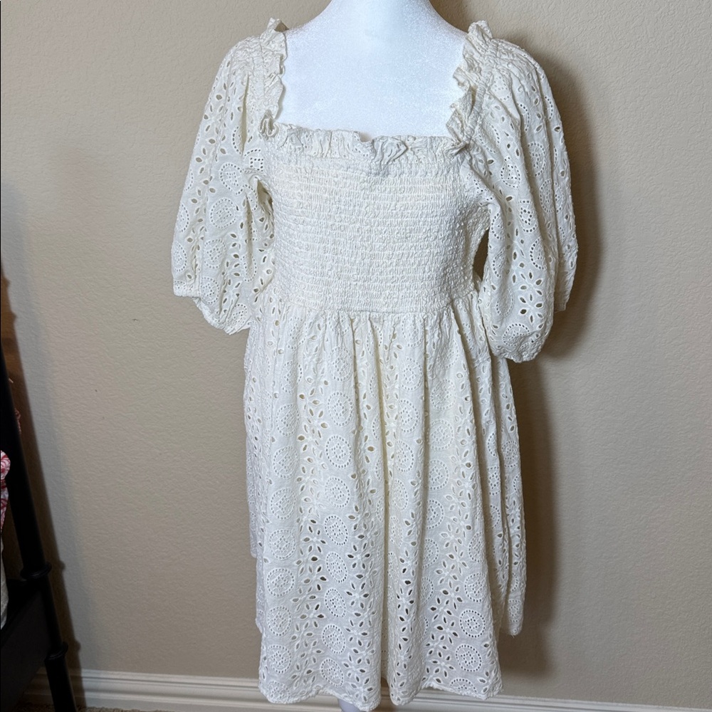 Cleobella Ivory Eyelet Smocked Top Dress Organic Cotton Bridal,Graduation Size L - Picture 3 of 9